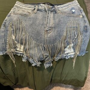 AKIRA Blue Denim Shorts with Rhinestones Fringe